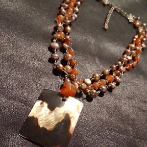 Coldwater Creek Multi-Strand Carnealia & Fresh Water Pearl With Shell Necklace .